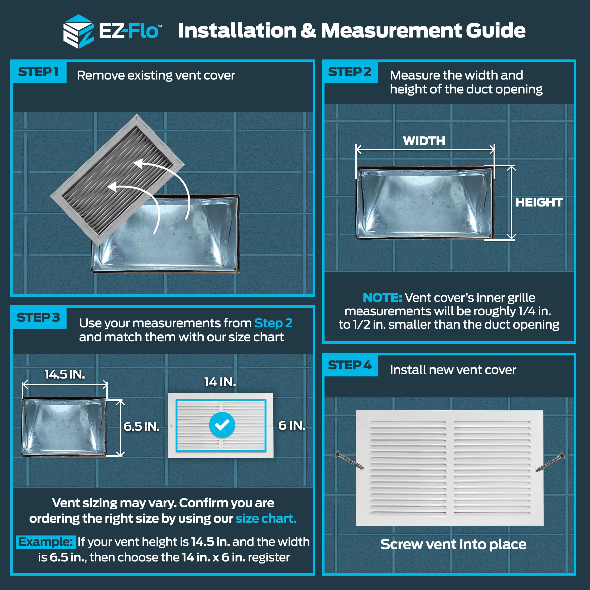 EZ-FLO 14 x 6 Inch (Duct Opening) Return Air Vent Cover for Wall or Ceiling, Solid Steel Return Air Grille, HVAC Vent Cover, White, 61628