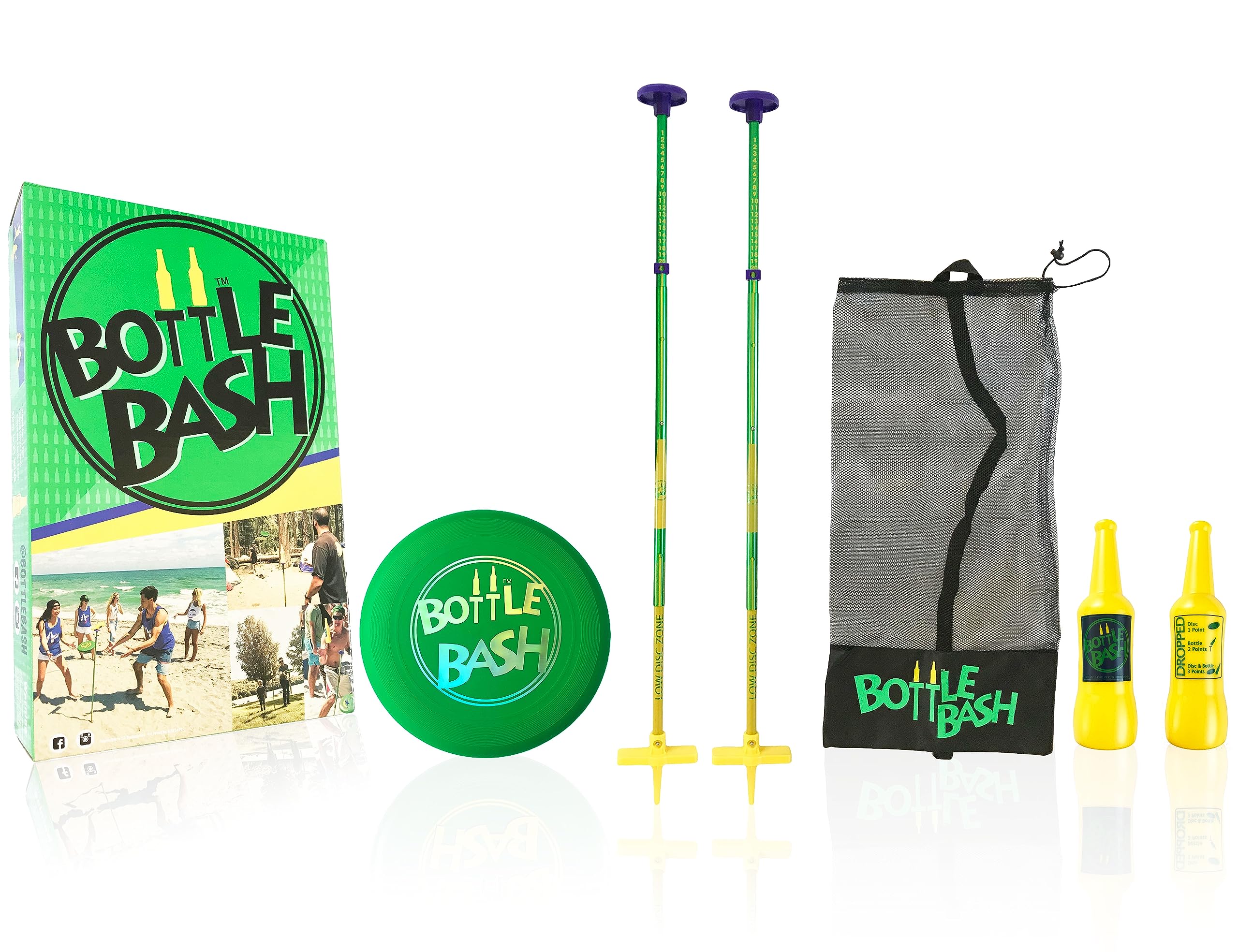 Bottle Bash Outdoor Flying Disc Game Set - Disc Toss Game for Family, Adult & Kids, Backyard and Beach Game - Frisbee Target Lawn Game with Poles & Bottles (Beersbee & Polish Horseshoes)
