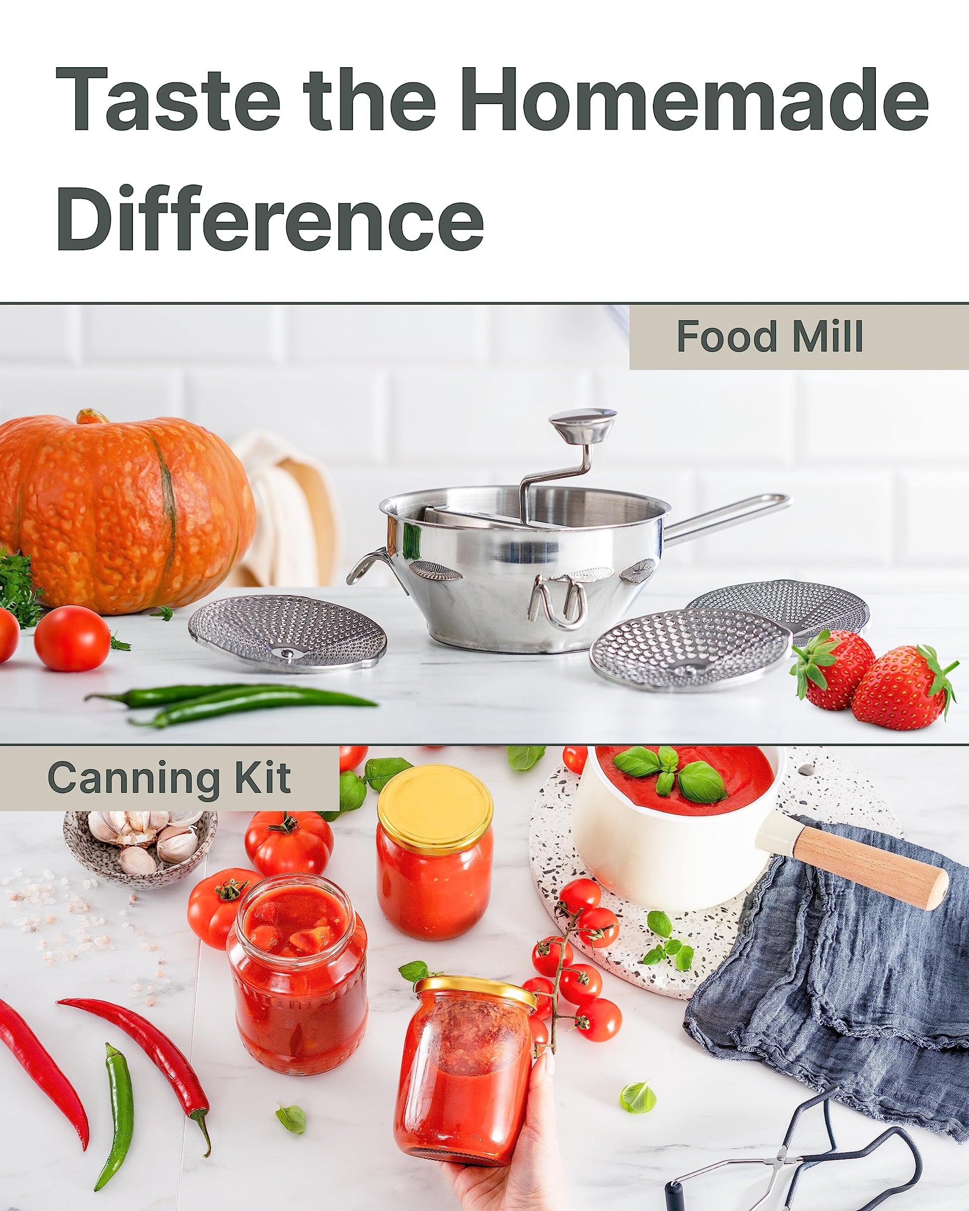 Ergonomic Food Mill Stainless Steel With 3 Grinding Discs - Rotary Food Mill for Tomato Sauce, Applesauce, Puree, Mashed Potatoes, Jams, Baby Food