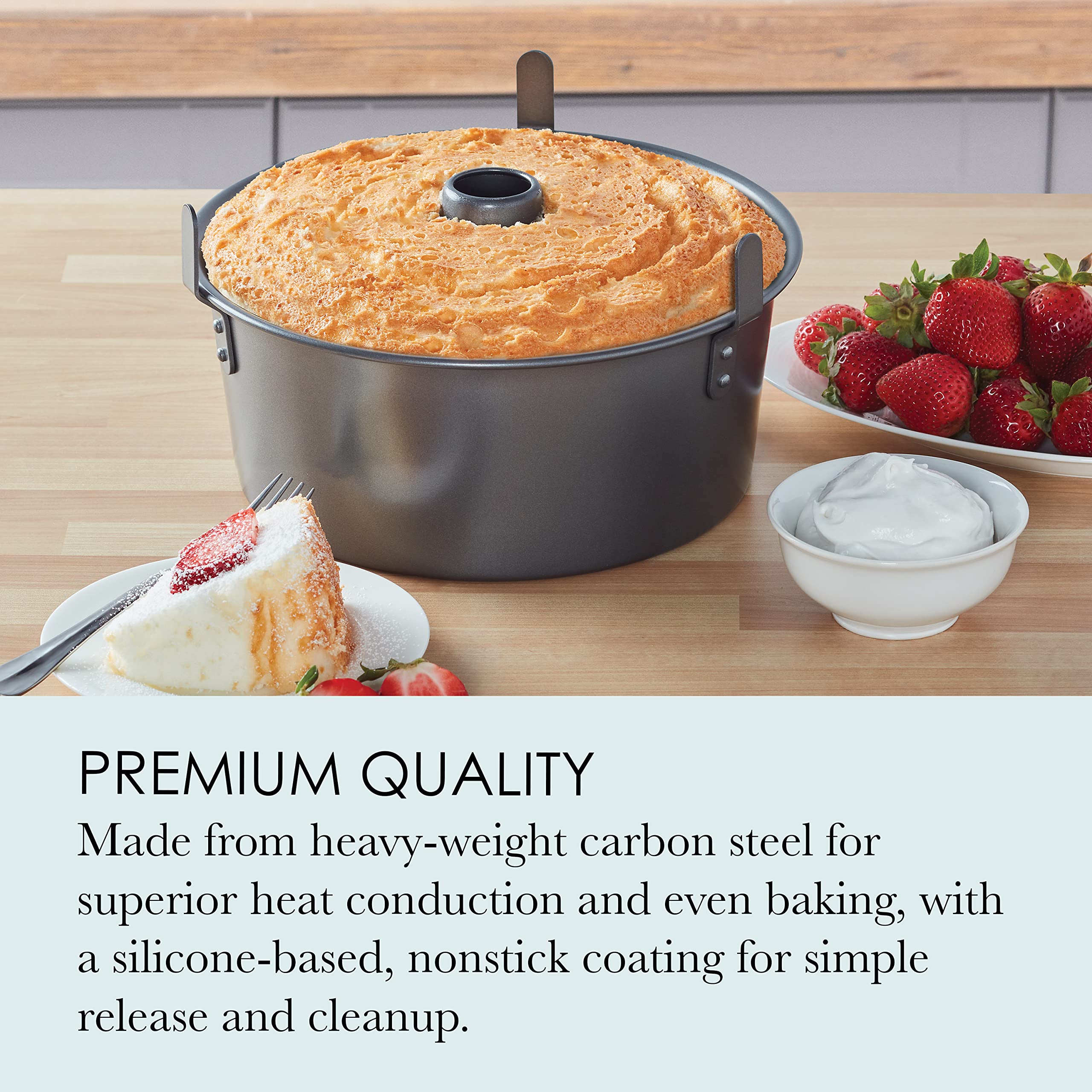 Chicago Metallic Angel Food Cake Pan with Cooling Feet, 2-Piece Nonstick Tube Pan, 9.5 Inch Carbon Steel, Perfect for Pound and Sponge Cakes