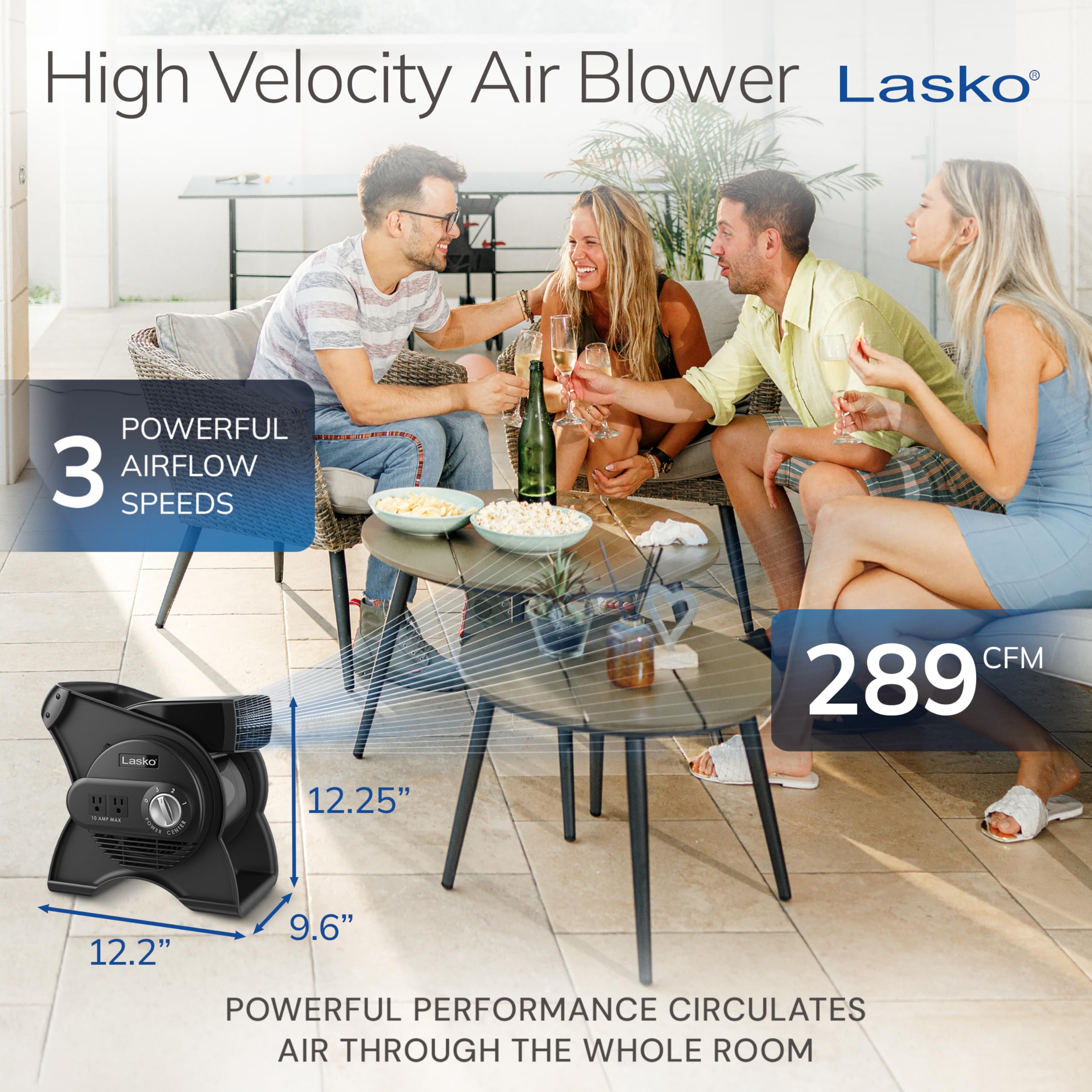 Lasko Portable Utility Fan, 12” 289 CFM Pivoting High Velocity Air Mover Blower Fan, 3 Speeds, 2 Accessory Outlets 120V, Black, U12104