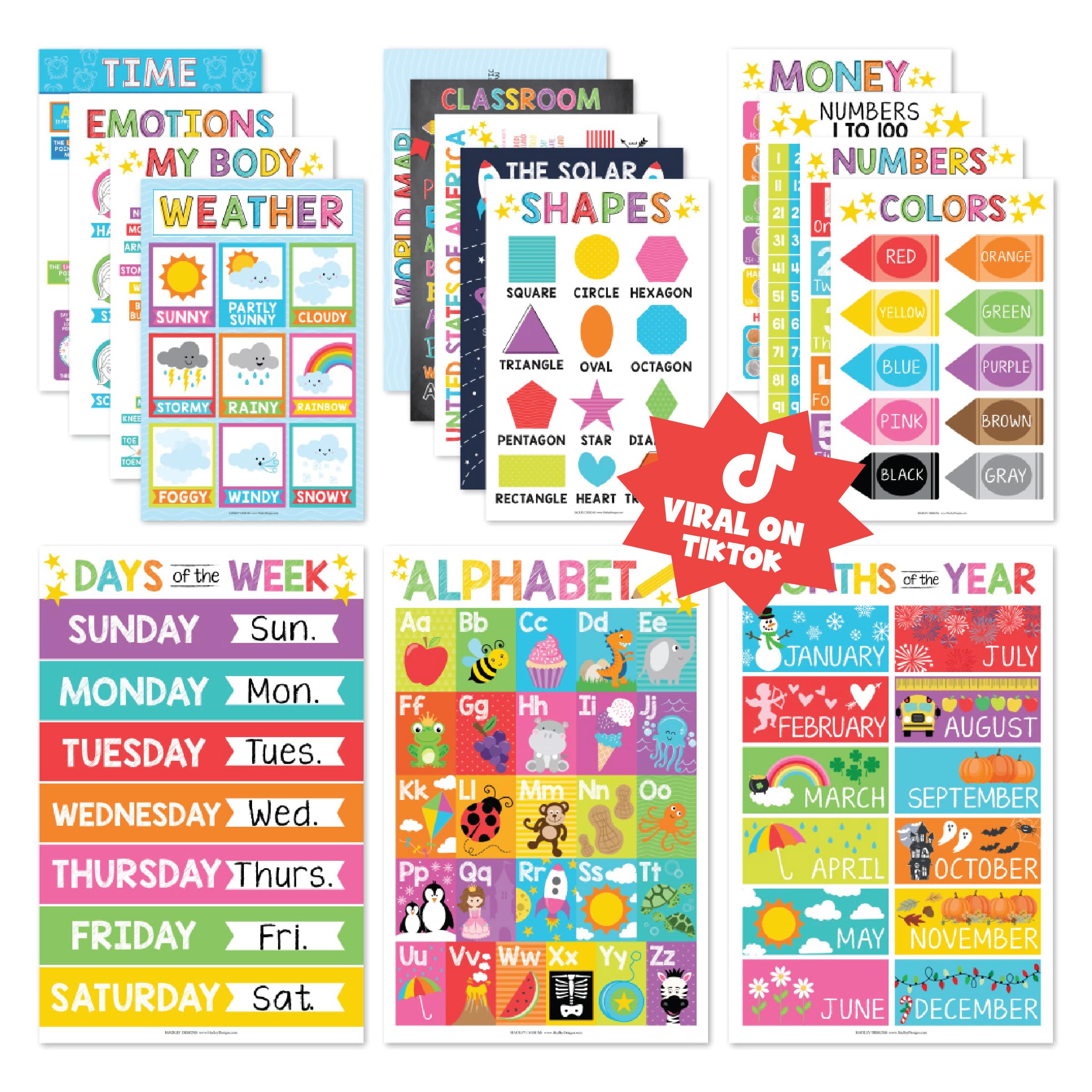 Hadley Designs 16 Educational Posters for Classroom & Kindergarten, Kindergarten Classroom Must Haves, Laminated PreK Learning Chart Materials US & World Map, ABC Alphabet, Shapes, Days of the Week