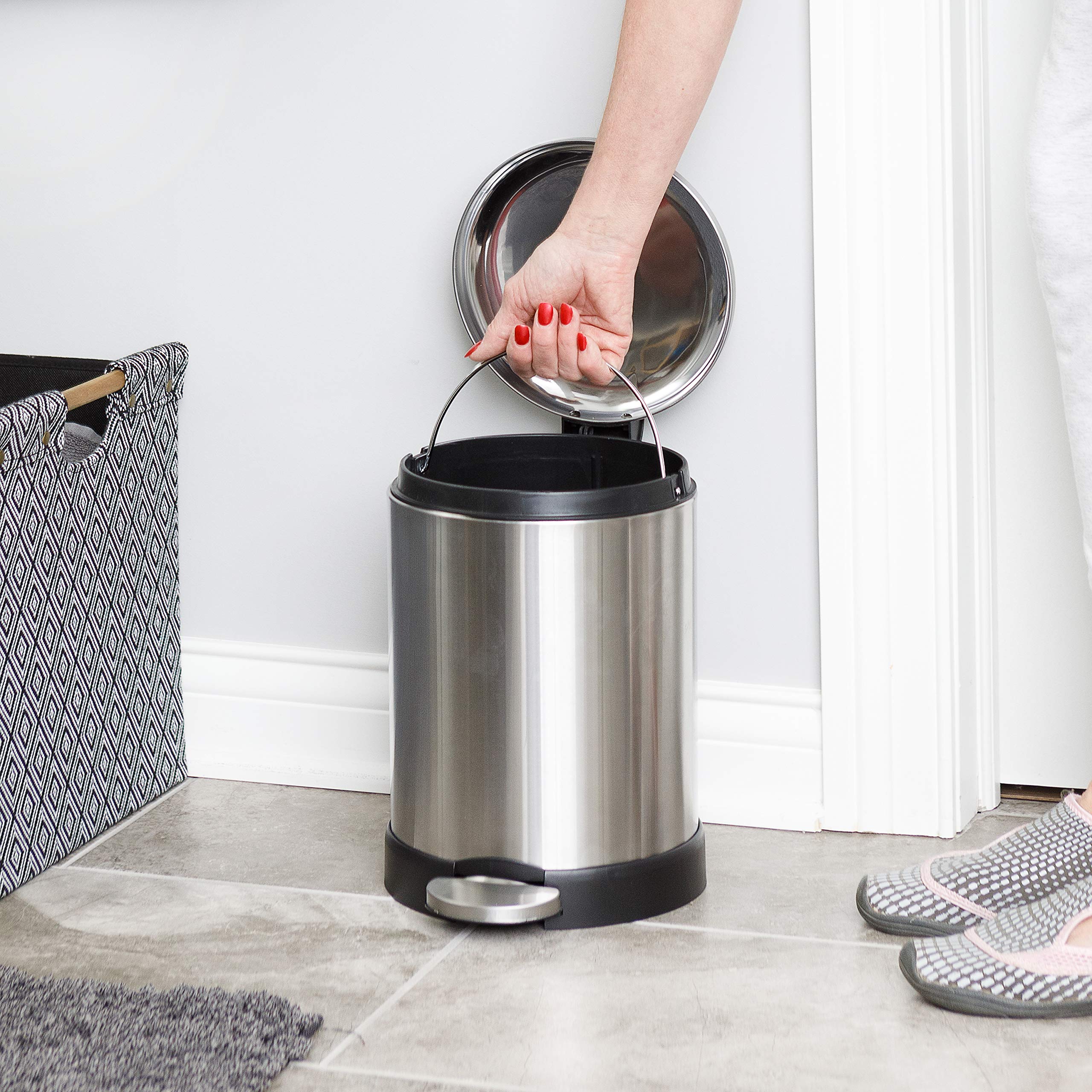 GLAD Small Trash Can, 1.2 Gallon | Round Stainless Steel Garbage Bin with Soft Close Lid & Step Foot Pedal | Metal Waste Basket with Removable Inner Bucket, Stainless