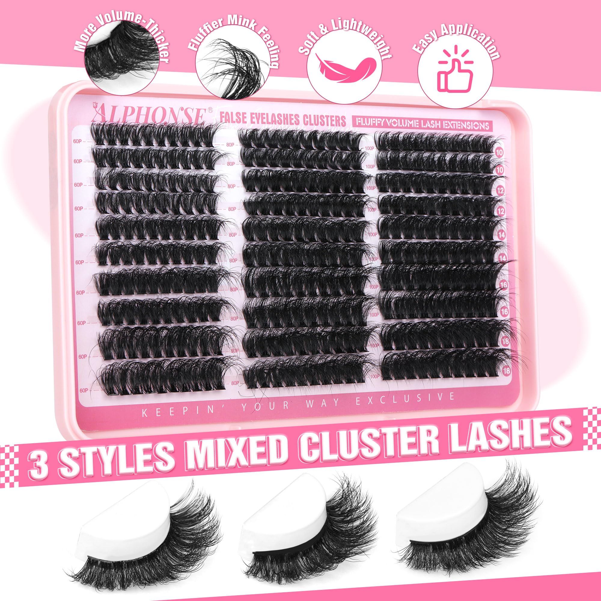 Fluffier Lash Clusters Thick Volume Lash Extension 10-18mm Cluster Eyelash Extensions DIY Individual Lashes Wispy at Home Pestañas Pelo a Pelo by ALPHONSE (60D+80D+100D, 300pcs)