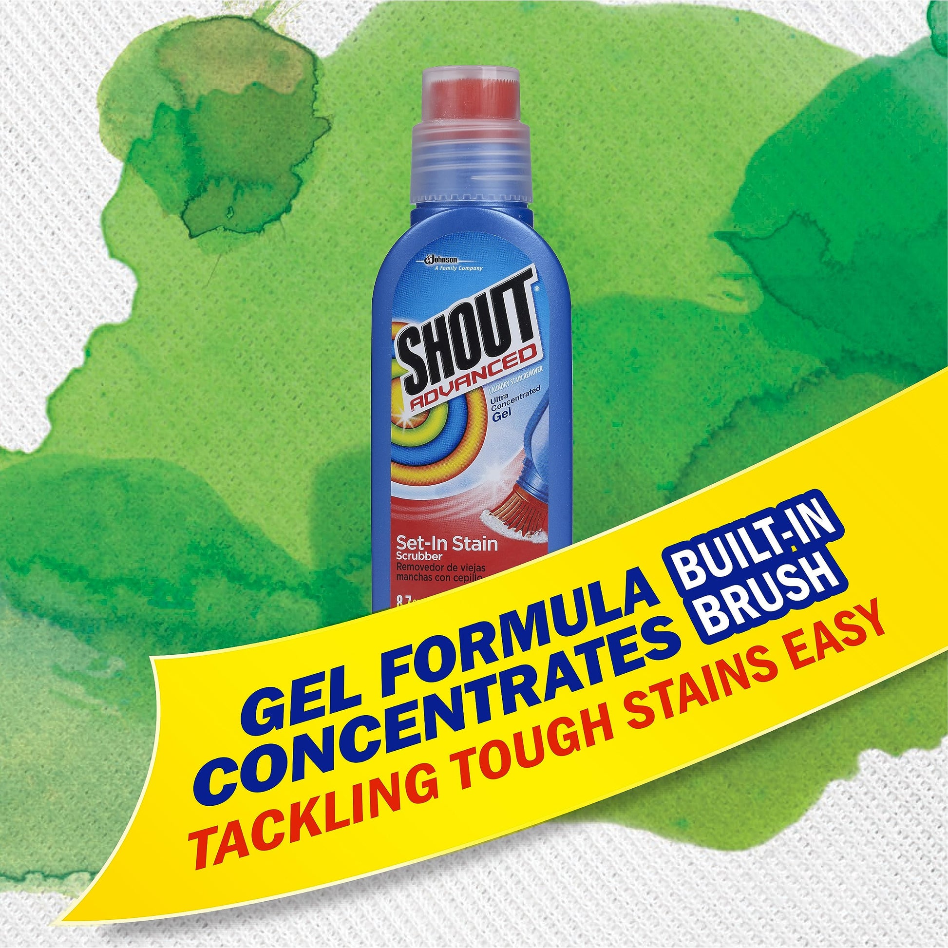 Shout Advanced Stain Remover Gel for Clothes Laundry, Ultra Concentrated Gel with Built-in Scrubber Brush for Deep Set-In stains, 8.7oz