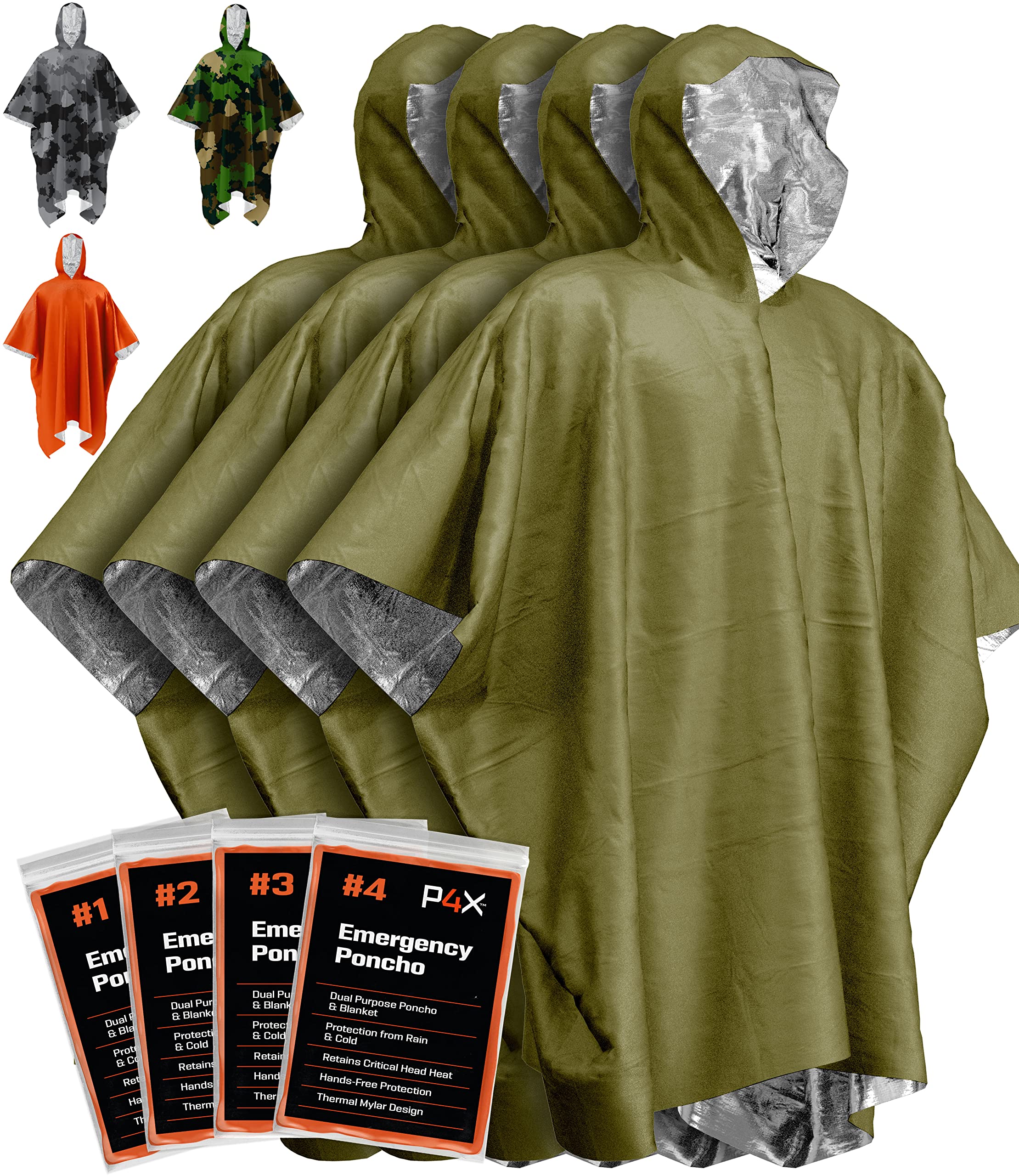 PREPARED4X Notfall-Poncho mit Mylar-Deckenfutter – strapazierfähiger, wasserdichter, windabweisender grüner Regenponcho für Outdoor, Camping und Notfallsets im Auto – Thermo-Poncho – 4 Stück (Grün)