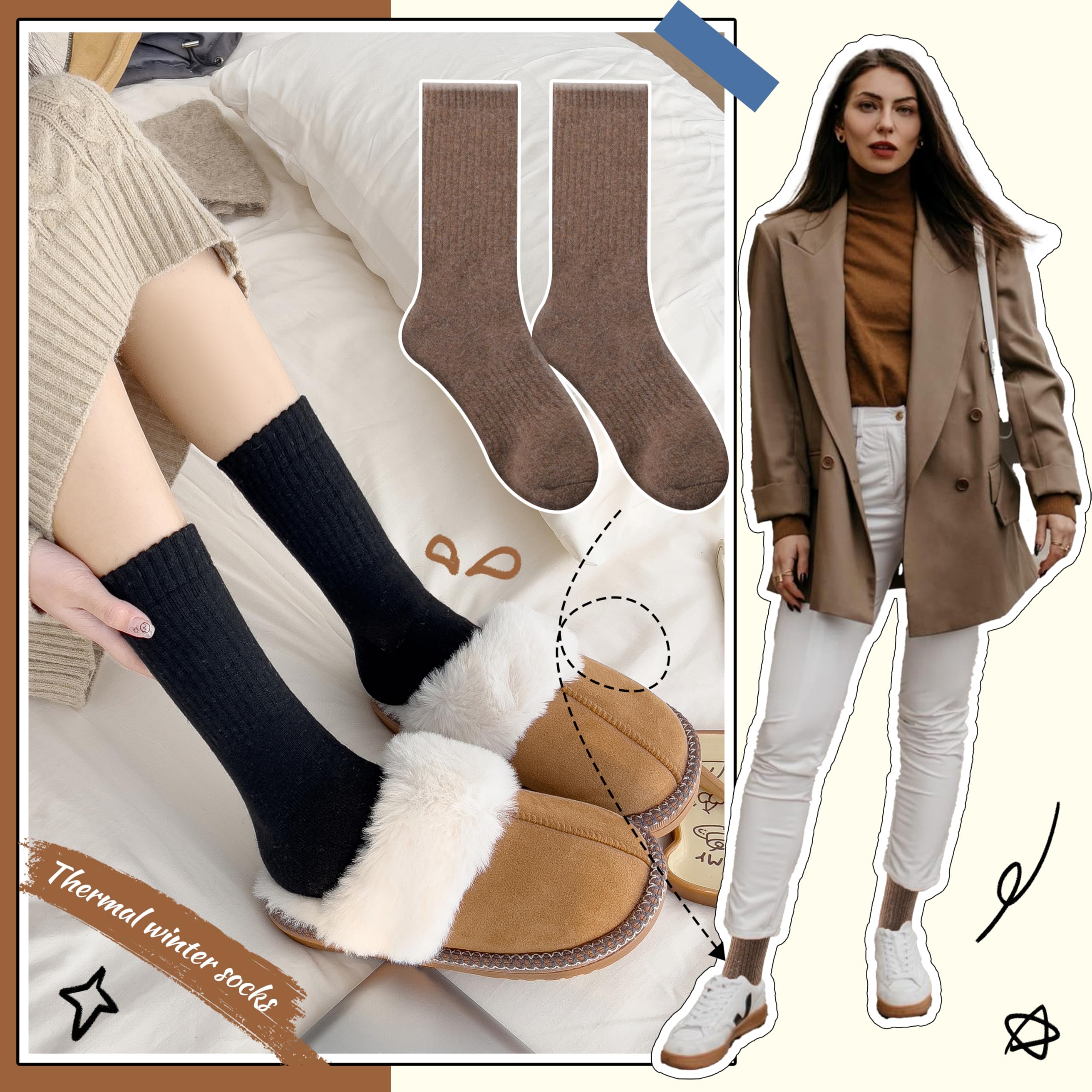 EBMORE Merino Wool Boot Socks Warm Thermal Winter Thick Hiking Cozy Boot Crew Comfy Socks 5 Pairs for Women Gifts Stocking Stuffers(Beige/White/Black/Khaki)
