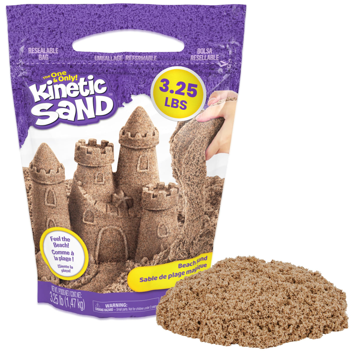 Kinetic Sand, 3.25lbs Beach Play Sand, Moldable Sensory Toys for Kids, Resealable Bag (Packaging May Vary), for Ages 3 and up