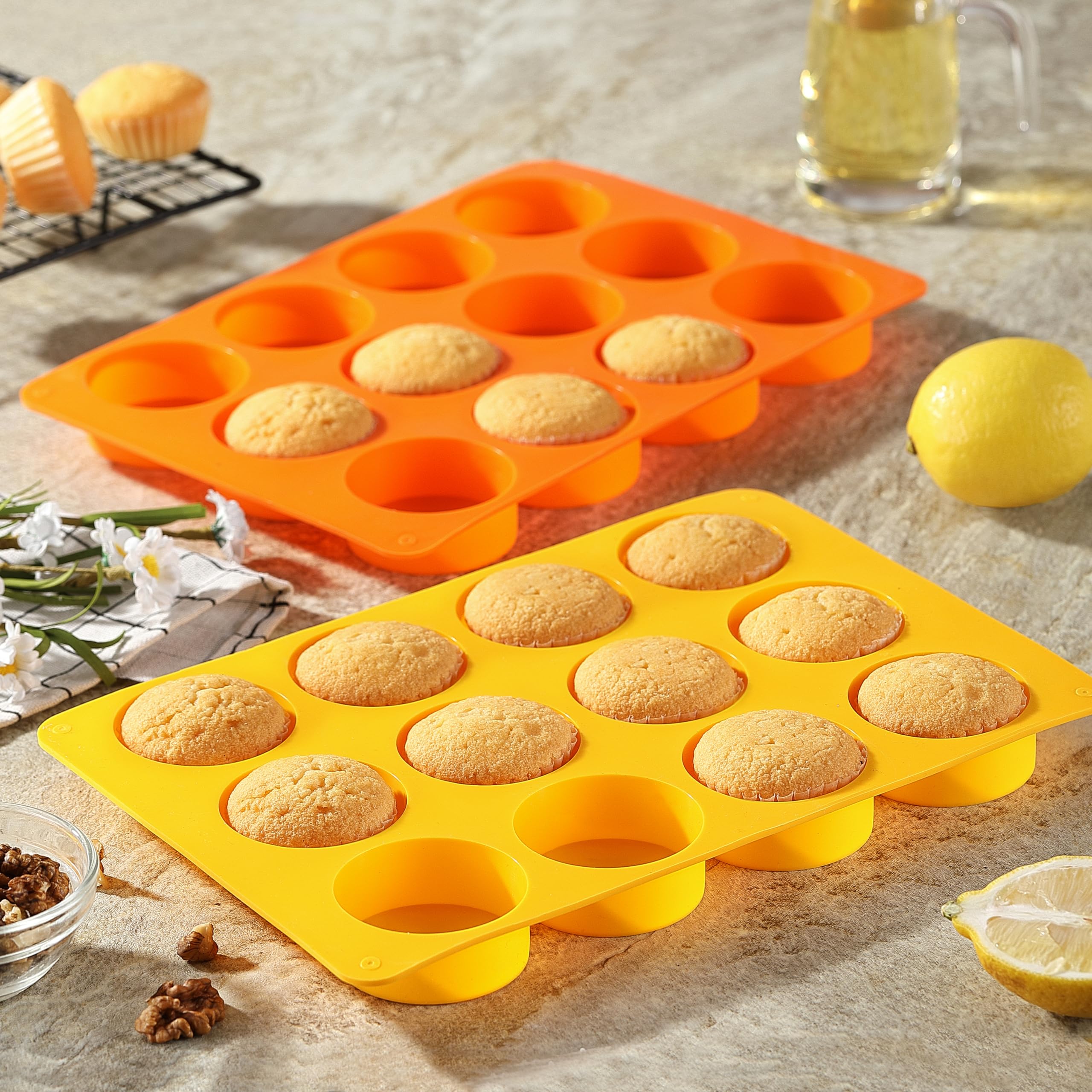 2 Pcs Oreo Chocolate Cookie Silicone Molds, 12-Cavity Round Silicone Mold, Baking Mold for Oreo, Chocolate, Cookie, Candy, Mini Cake, Jelly (Orange + Yellow)
