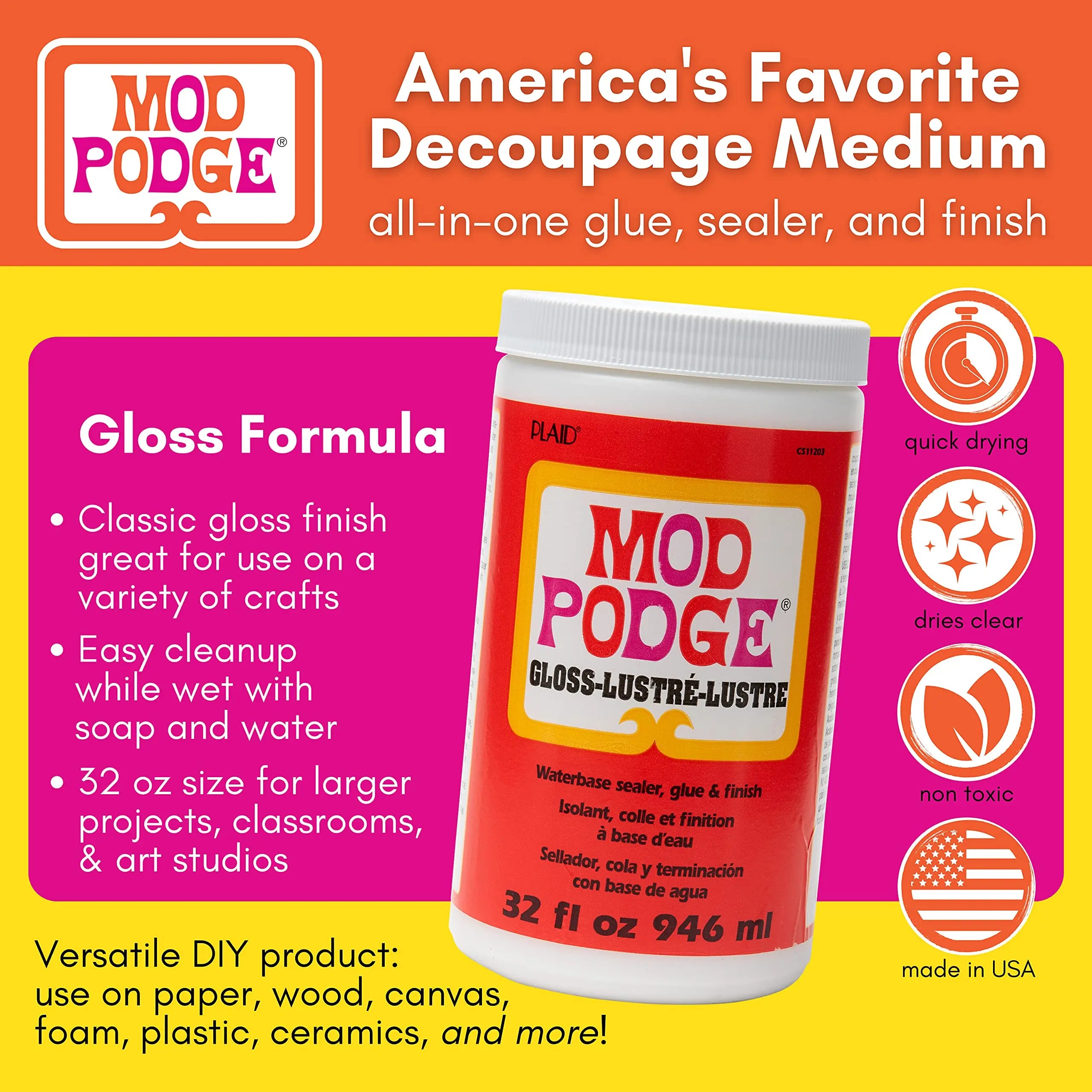 Mod Podge Gloss Sealer, Glue & Finish: All-in-One Craft Solution- Quick Dry, Easy Clean, for Wood, Paper, Fabric & More. Non-Toxic - Craft with Confidence, Made in USA, 32 oz., Pack of 1