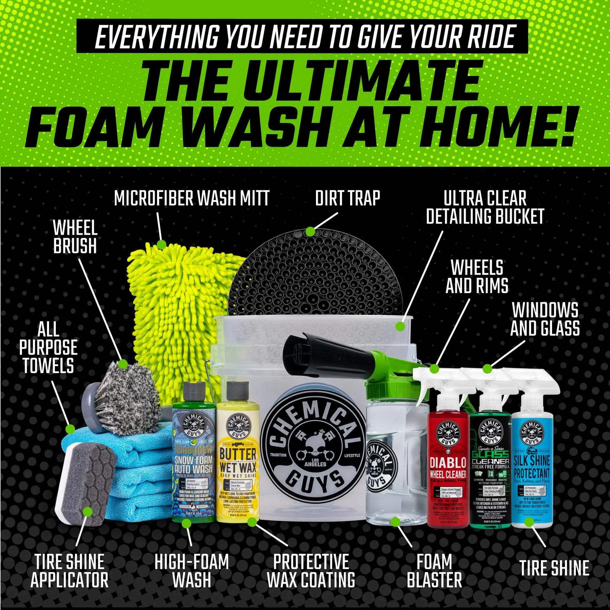 Chemical Guys HOL126 14-Piece Arsenal Builder Car Wash Kit with Foam Gun, Bucket, and (5) 16 oz Car Care Cleaning Chemicals, Gift for Car & Truck Lovers, Dads and DIYers (Works w/Garden Hose)