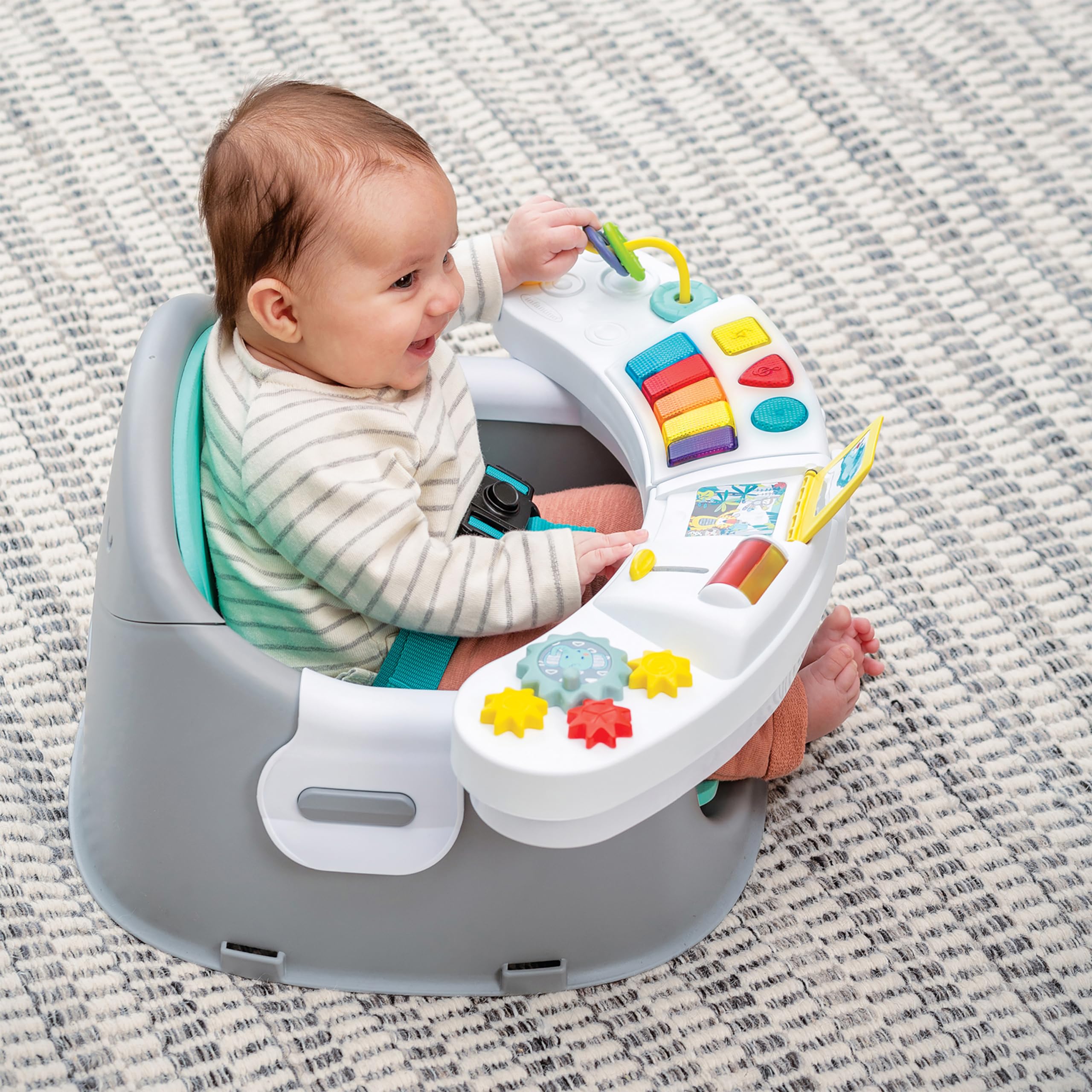 Infantino Music & Lights 3-in-1 Discovery Seat & Booster, Toddler Booster Seat for Dining Table or Kitchen Chair, Baby Activity Center & Snack Tray, Teal