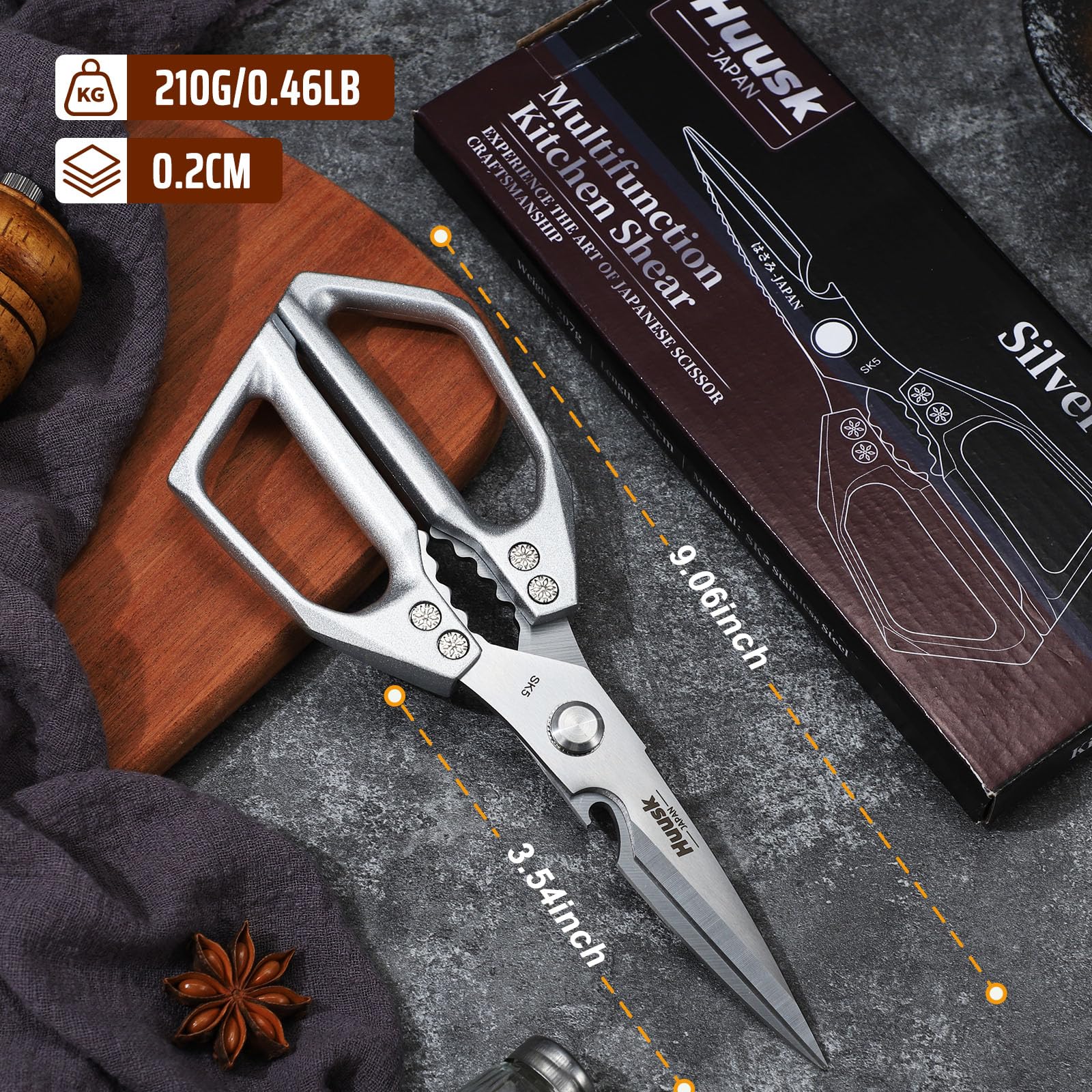HUUSK Kitchen Scissors all Purpose - Stainless Steel Kitchen Shear, Sharp Silver Meat Scissors Dishwasher Safe, Heavy Duty Poultry Shears, Japanese Cooking Scissor for Food, Chicken Bones, and Turkey