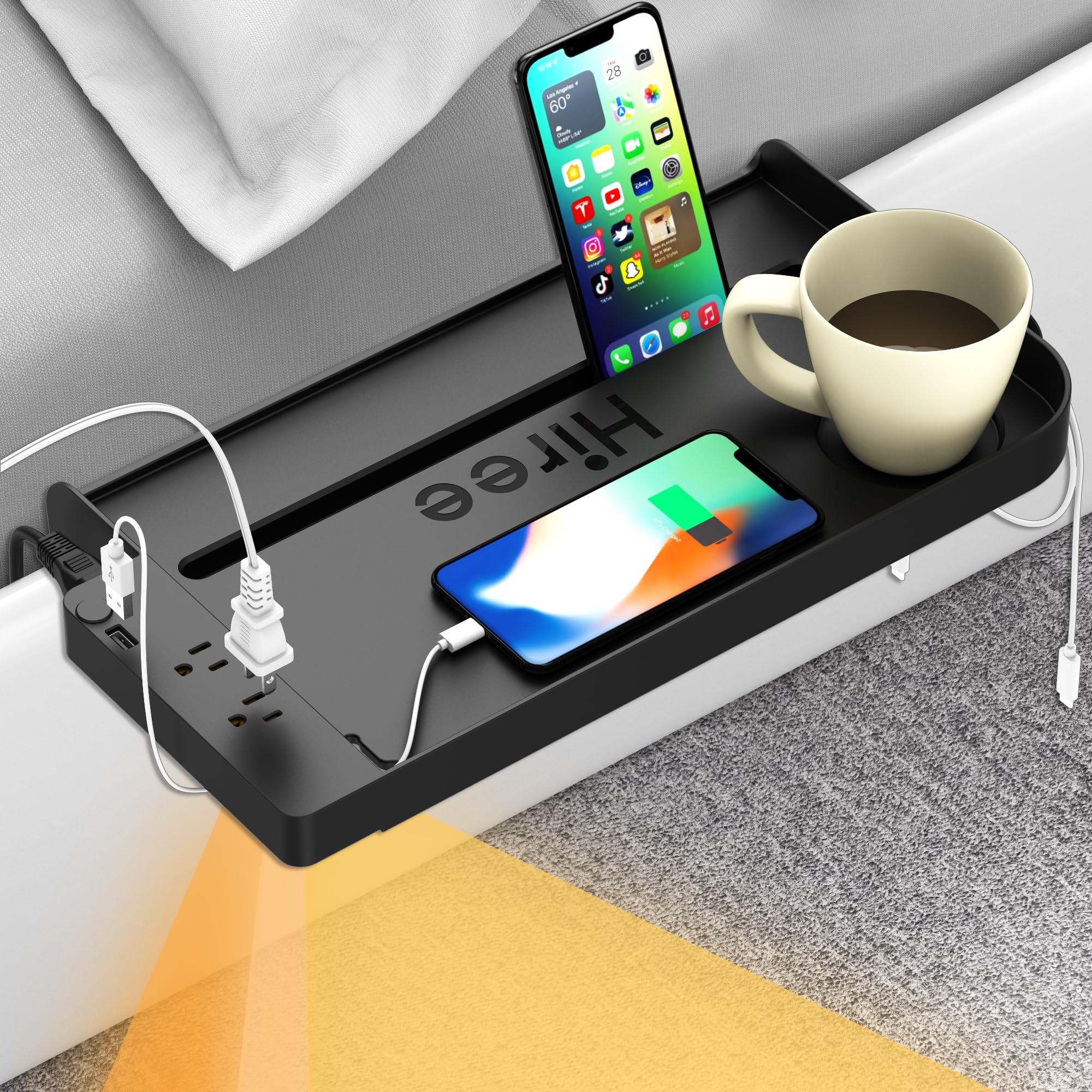 رف سرير للسرير بطابقين في المسكن مع منفذ شحن USB ومقابس تيار متردد، منظم بجانب السرير، طاولة سرير قابلة للتثبيت، صينية سرير أساسية للمسكن الجامعي قابلة للتعليق، إكسسوارات سرير بطابقين، حجم كبير، أسود