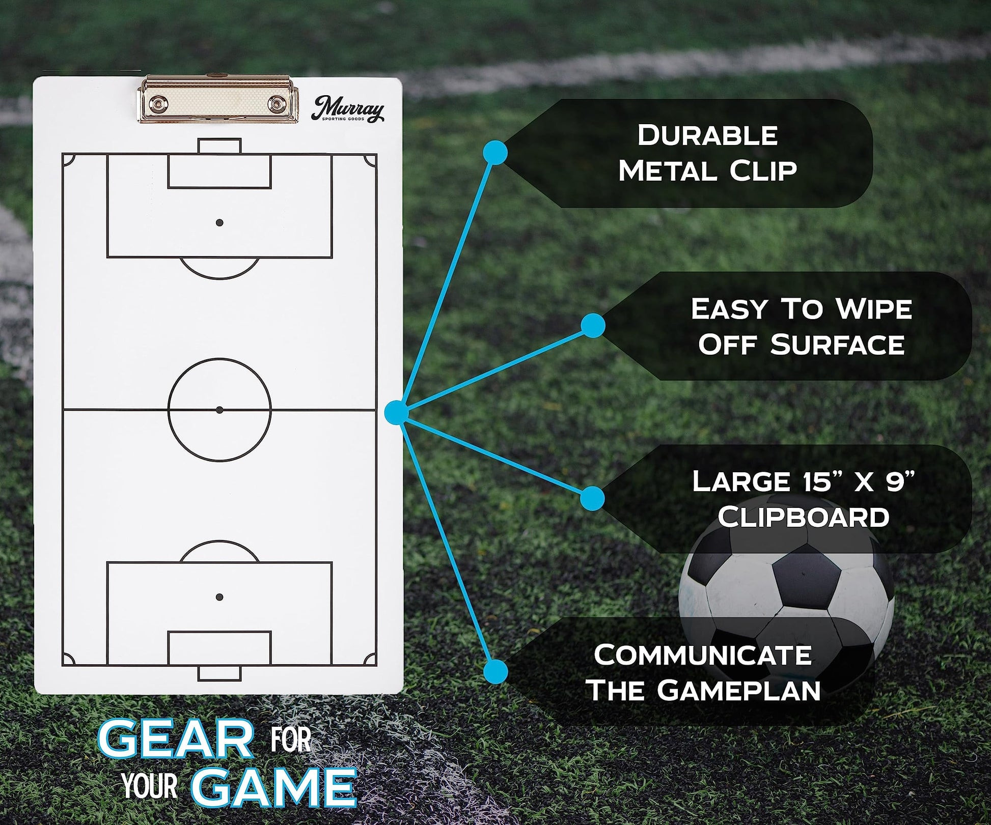 Murray Sporting Goods Dry Erase Coaches Clipboard | Double-Sided Dry Erase White Board (Soccer)