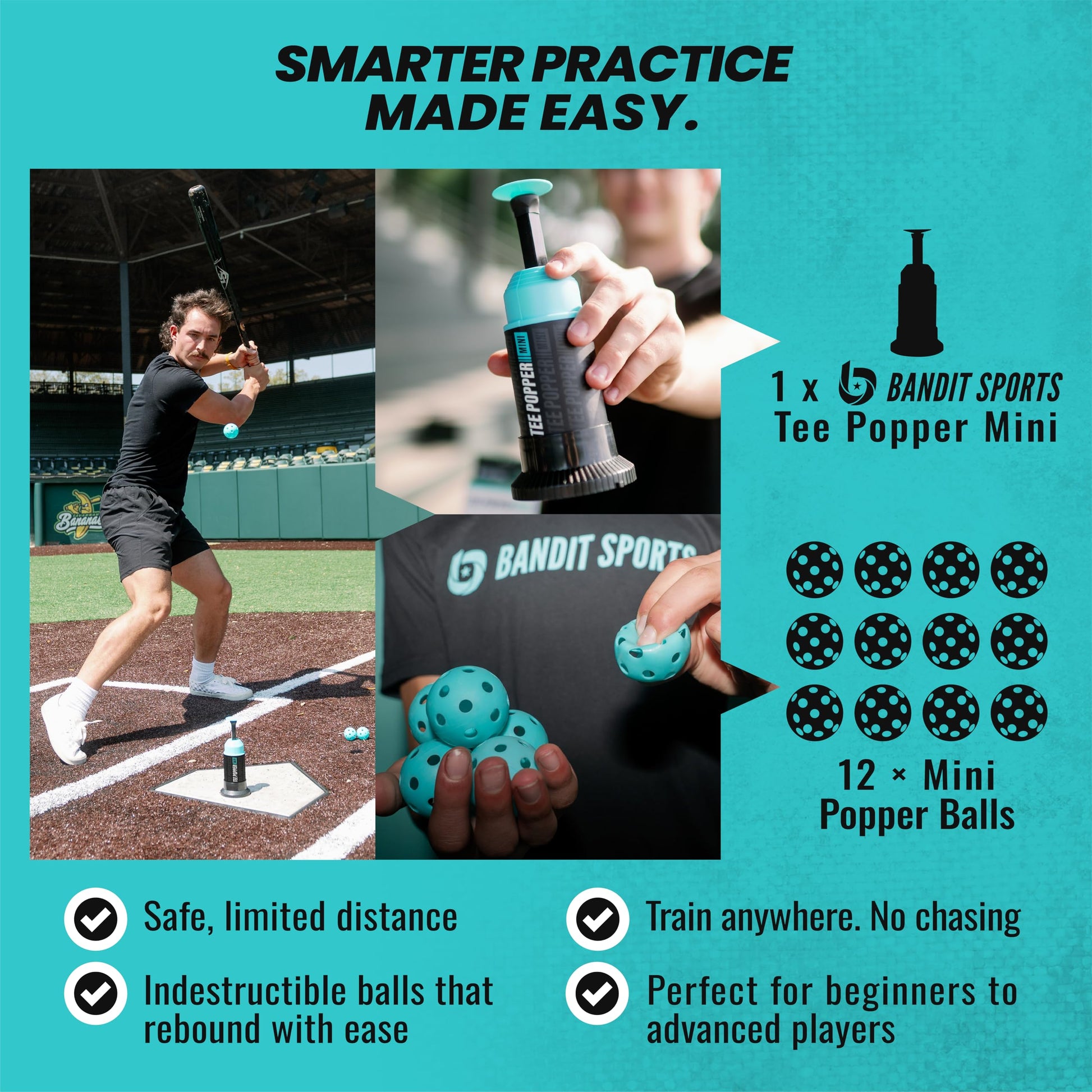 Bandit Sports Baseball Training Mini Tee Popper, Hitting Tee for Perfect Swings, Batting Machine for Practicing Hitting Without a Pitcher (1 Popper Ball Included)