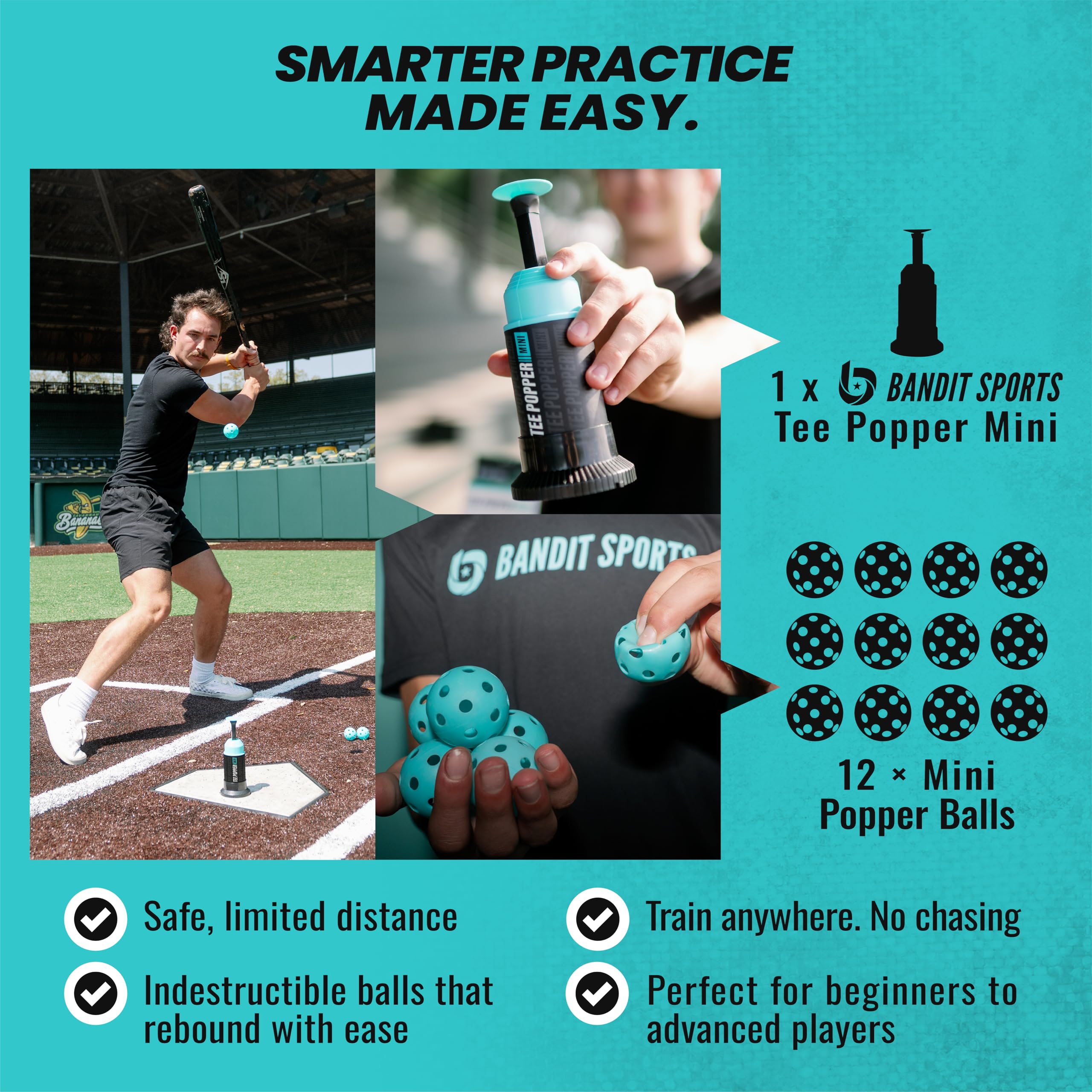 Bandit Sports Baseball Training Mini Tee Popper, Hitting Tee for Perfect Swings, Batting Machine for Practicing Hitting Without a Pitcher (1 Popper Ball Included)