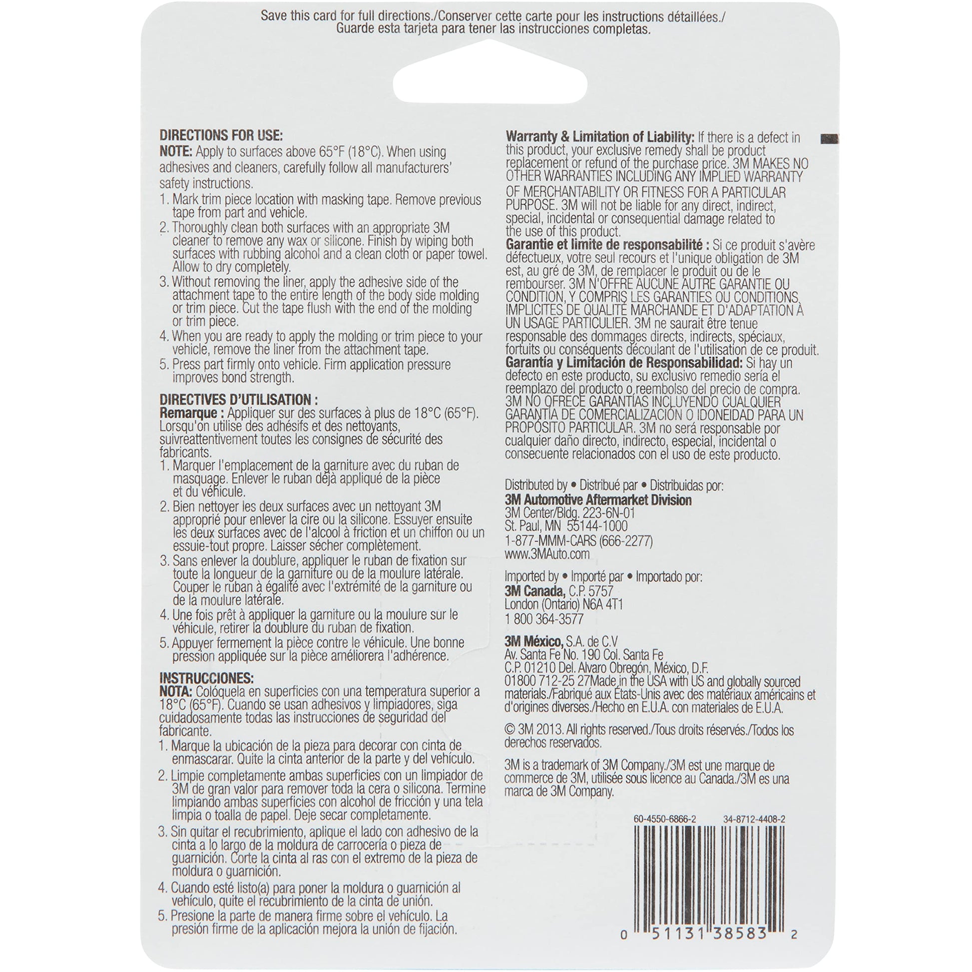 3M Exterior Attachment Tape, Ideal for Moldings, Emblems and Trim, 1/4 in width x 5 yards in length, 1 roll