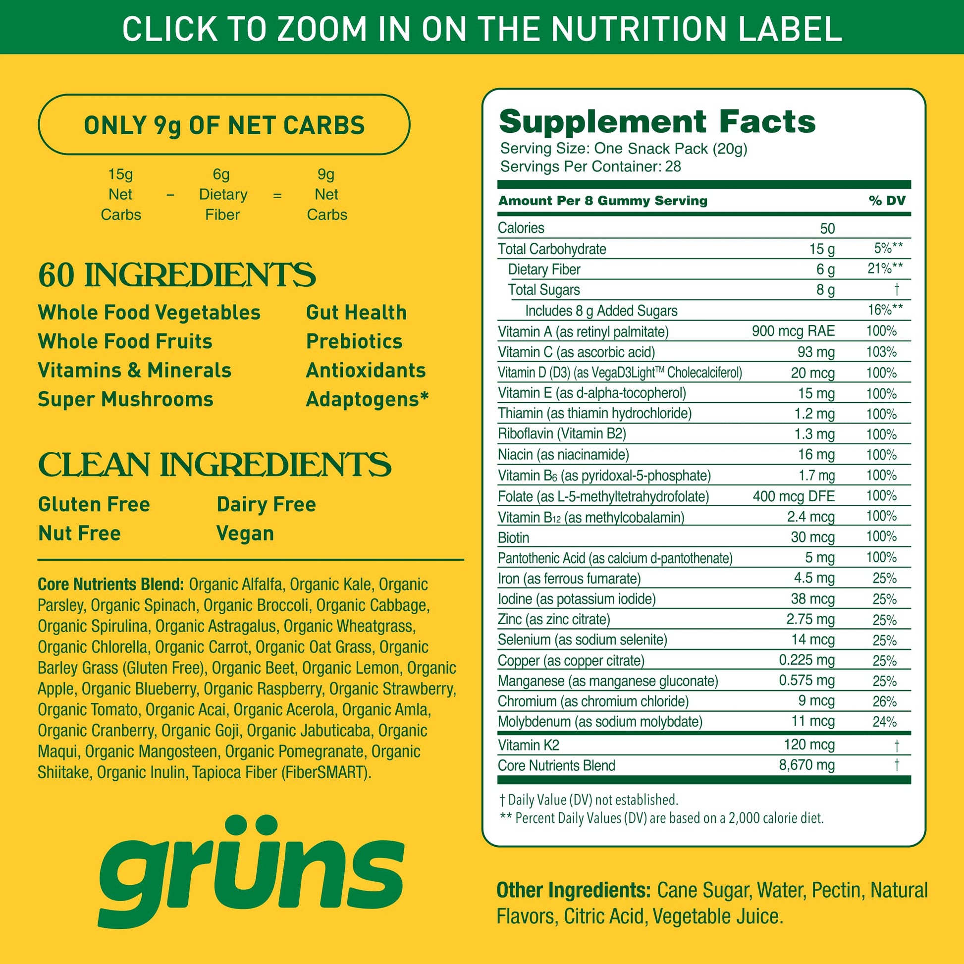 Gruns Adults Super Greens Gummies, Multivitamin Superfood Gummy Bears with Spirulina, Chlorella, Prebiotics & Fiber for Digestive Health, Adaptogens Supplement with 20 Vitamins & Minerals, 28 Count