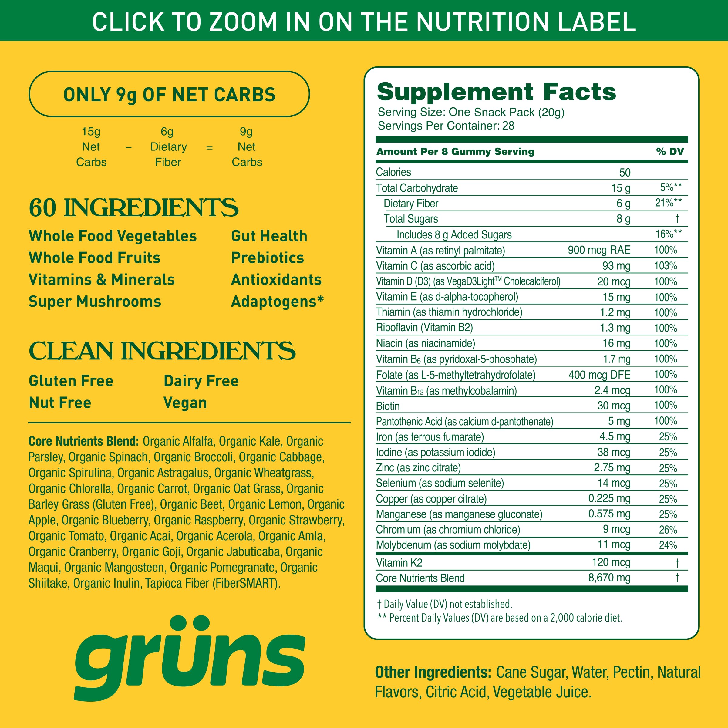 Gruns Adults Super Greens Gummies, Multivitamin Superfood Gummy Bears with Spirulina, Chlorella, Prebiotics & Fiber for Digestive Health, Adaptogens Supplement with 20 Vitamins & Minerals, 28 Count