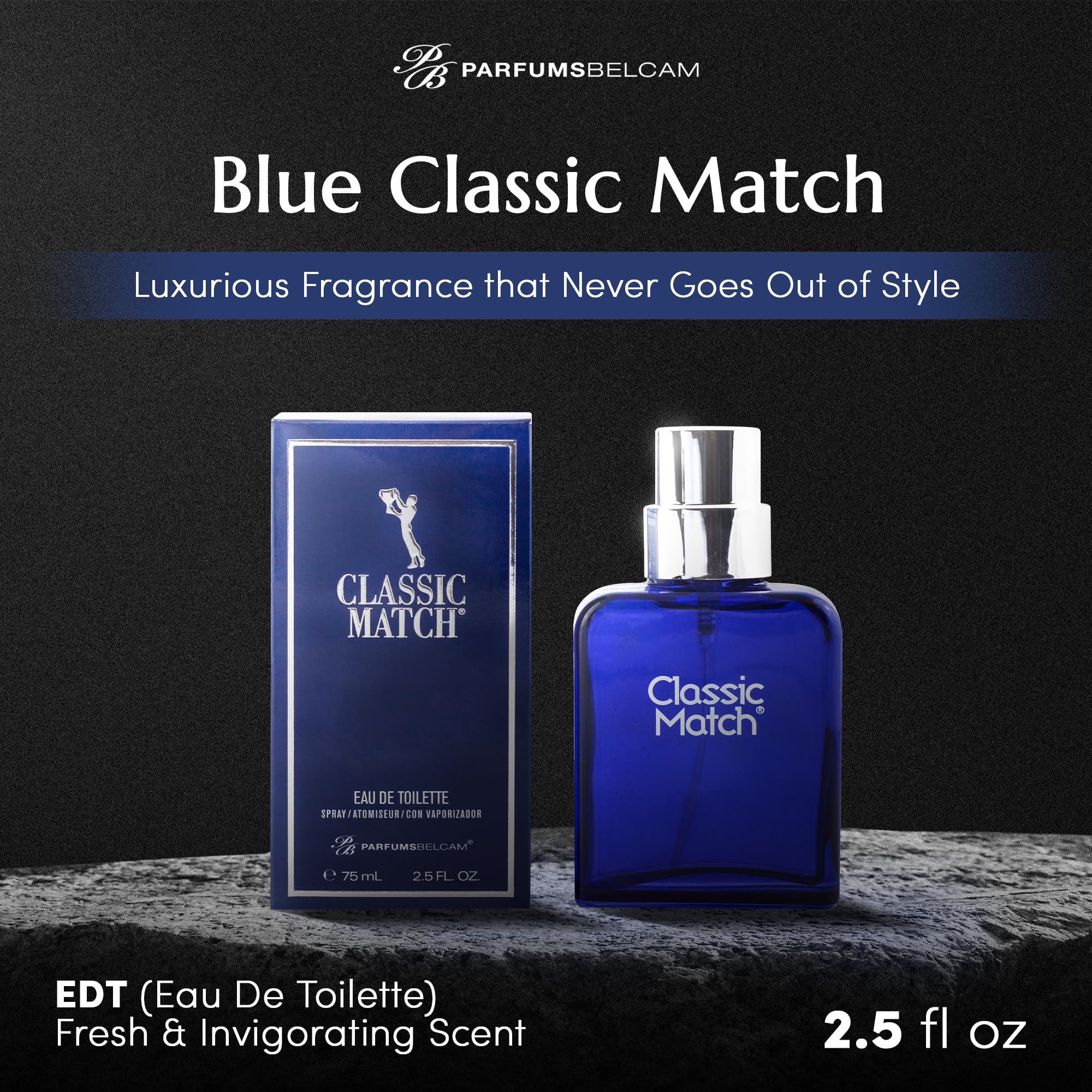 PB ParfumsBelcam Blue Classic Match Eau de Toilette Spray for Men – Modern Citrus Fougere Fragrance, Notes of Melon, Moss and Patchouli, Cologne Alternative, Signature Fragrance – 2.54 Fl Oz