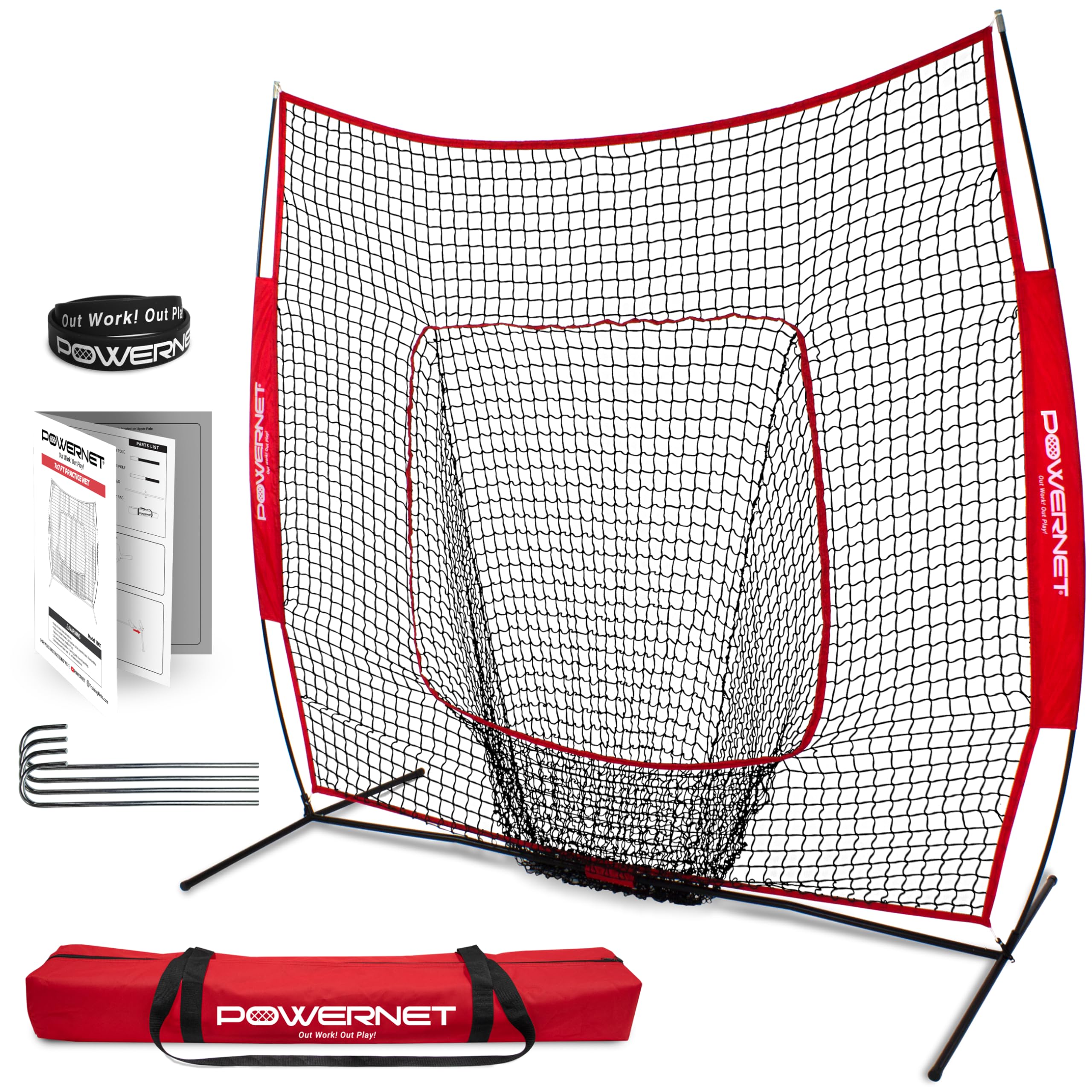 PowerNet Baseball & Softball Trainingsnetz 7x7 FT, Baseball Trainingsgerät für draußen zum Pitchen und Batting (Rotes Netz)