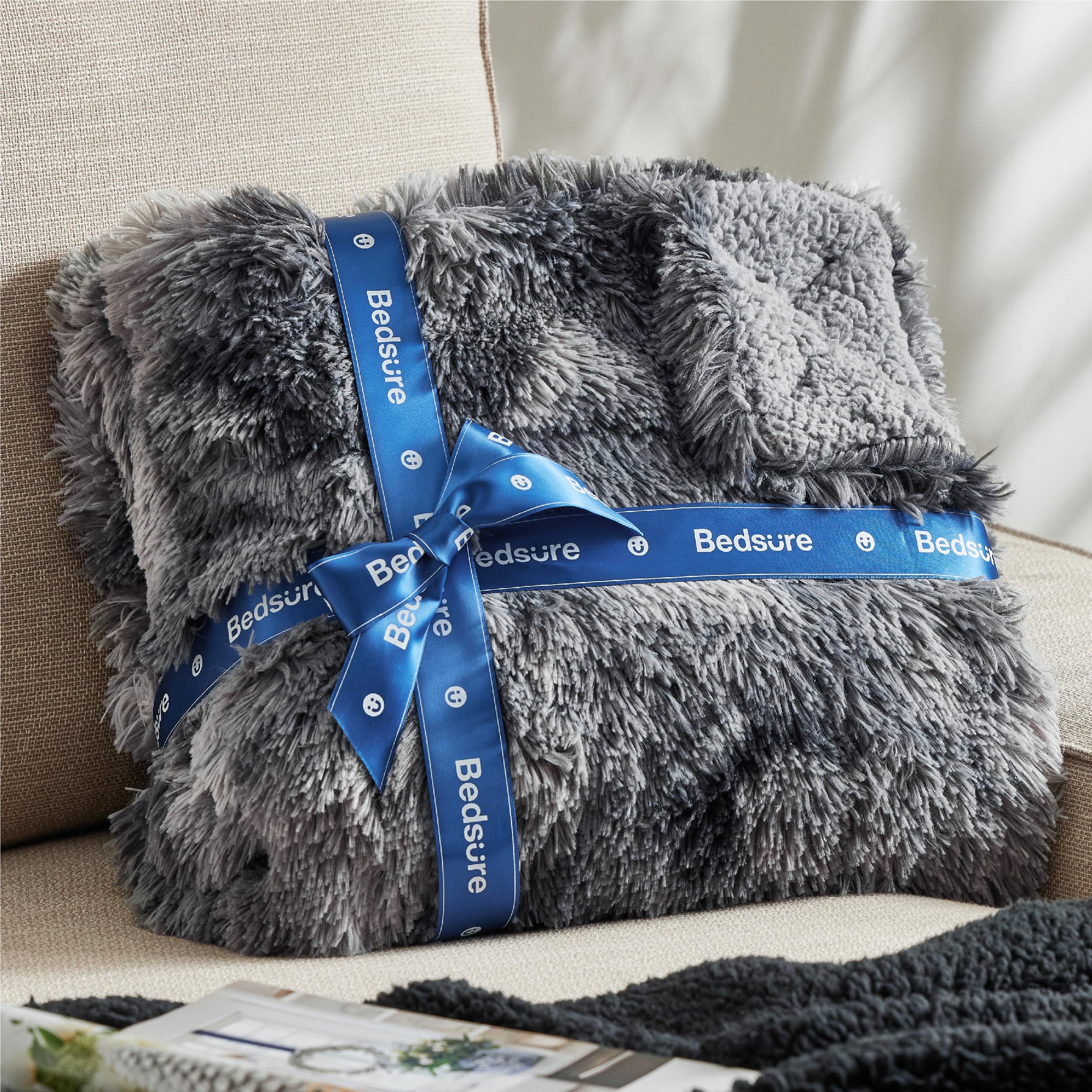 Bedsure GentleSoft Fluffy Fuzzy Faux Fur Throw Blanket, Soft Sherpa Fleece Cozy Gifts for Women, Grey Room Decor for Men Plush Blanket for Couch Bed, Thick Warm Minky Gifts for Girls Boys Teenages
