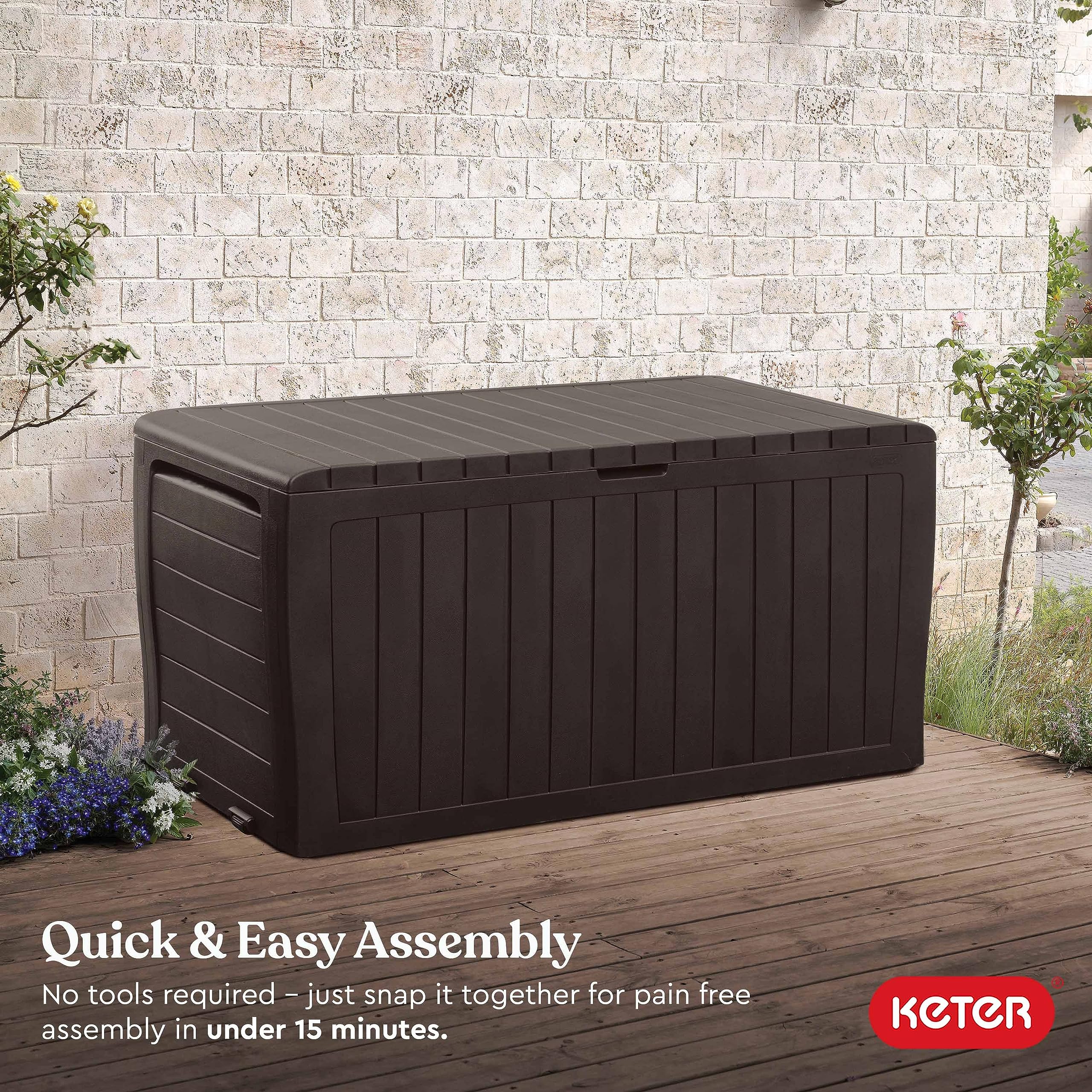 Keter Marvel Plus 71 Gallon Resin Outdoor Storage Box for Patio Furniture Cushions, Throw Pillows, Garden Tools and Pool Floats, Brown